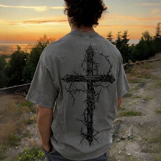 Thorned Cross Printed Men's Washed Tee
