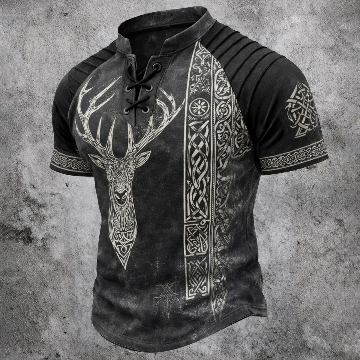 Men's Viking Deer Head Print Henley T-Shirt - Vintage Lace-Up Short Sleeve Top
