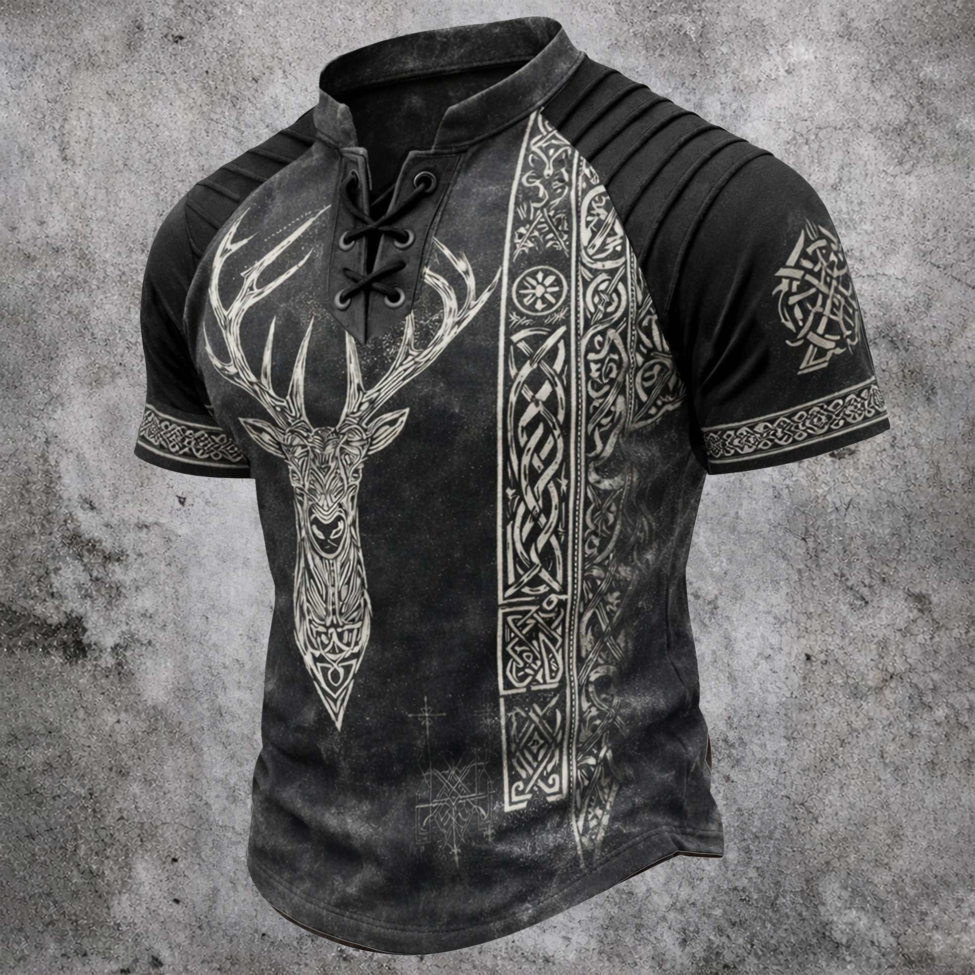 Men's Viking Deer Head Print Henley T-Shirt - Vintage Lace-Up Short Sleeve Top