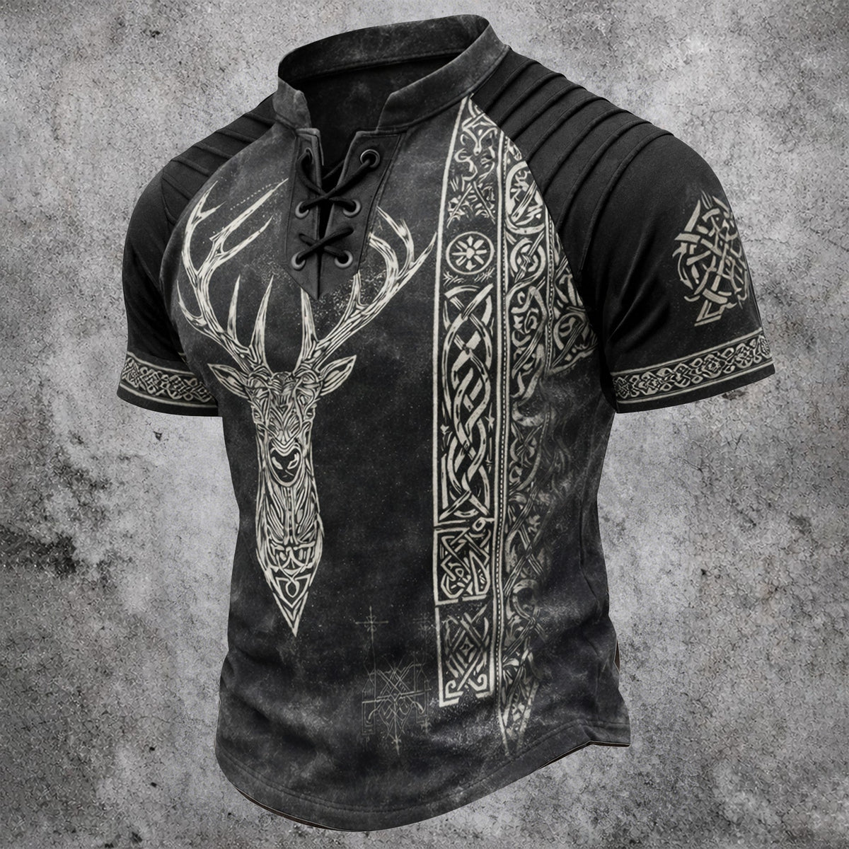 Men's Viking Deer Head Print Henley T-Shirt - Vintage Lace-Up Short Sleeve Top