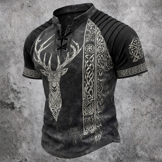 Men's Viking Deer Head Print Henley T-Shirt - Vintage Lace-Up Short Sleeve Top