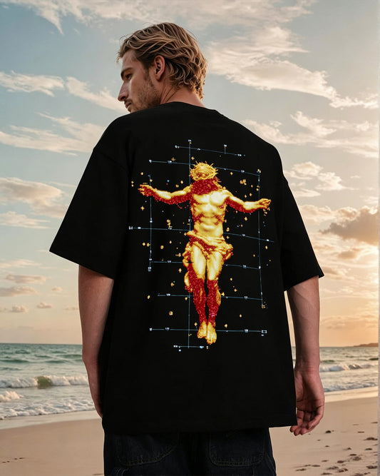 Pixel Glow Jesus Cross Grid Beach Back Printed Men's T-shirt