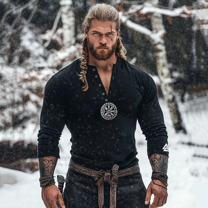 Men's Tribal Viking Runes Graphics Henley Collar Long Sleeves Basic T-shirt