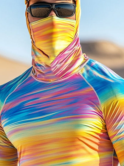 Men's Outdoor Sun Protection Breathable Cool Colorful Mask Hooded Sun Protection Long-Sleeved Top