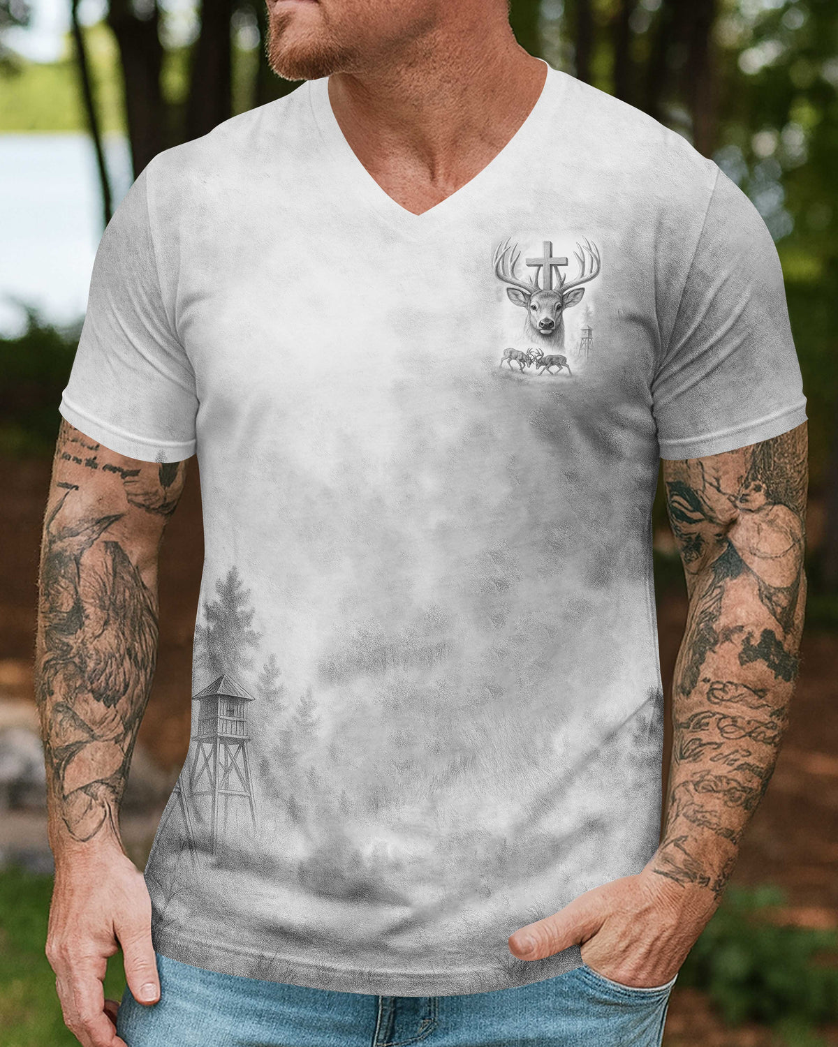 I've Got Hunting In My Veins And Jesus In My Heart All Over Print Grey T-Shirt