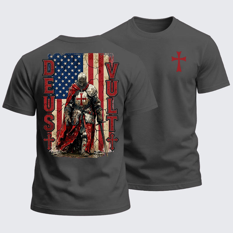 Heavyweight Cotton Tee - Deus Vult Knight Templar American Flag Crusader