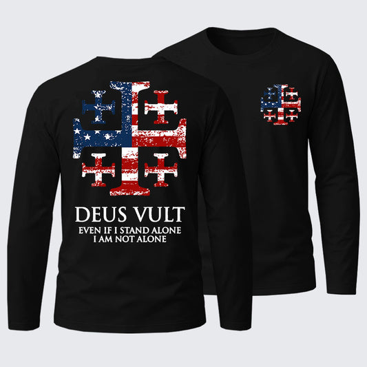 Deus Vult Jerusalem Cross Usa Flag Even If I Stand Alone, I Am Not Alone Cotton Long Sleeve T-Shirt
