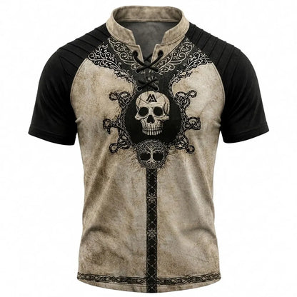 Men's Nordic Skull Print Lace-Up Henley T-Shirt - Distressed Beige Raglan Short Sleeve Top
