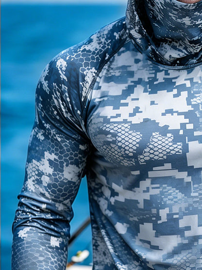 Men's Outdoor Sun Protection Breathable Cool Face Mask Hooded Printed Long-Sleeved Top