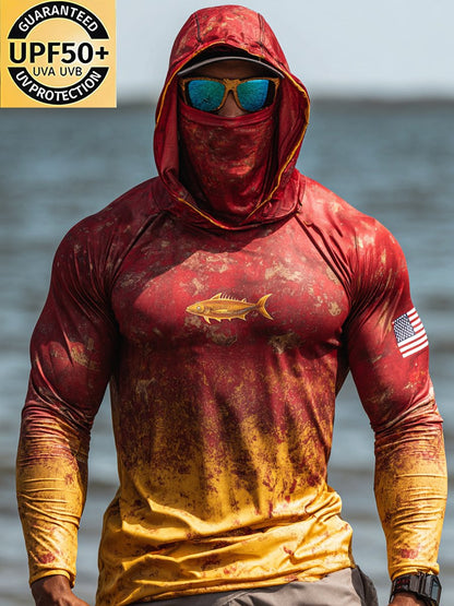 Men's Outdoor Sun Protection Breathable Cool Face Mask Hooded Printed Long-Sleeved Top