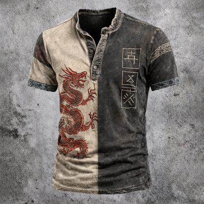 Men's Distressed Henley T-Shirt - Two-Tone Dragon Print Short Sleeve Casual Top