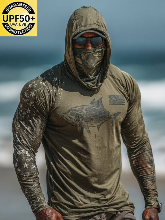 Men's Outdoor Sun Protection Breathable Cool Face Mask Hooded Printed Long-Sleeved Top