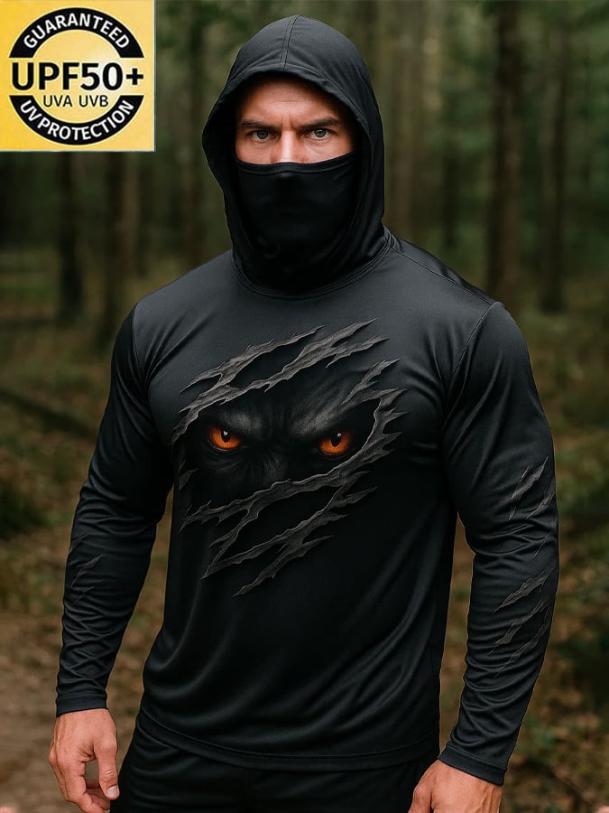 Men's Outdoor Sun Protection Breathable Cool Real 3D Printed Mask Hooded Sun Protection Long-Sleeved Top