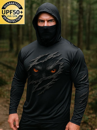 Men's Outdoor Sun Protection Breathable Cool Real 3D Printed Mask Hooded Sun Protection Long-Sleeved Top