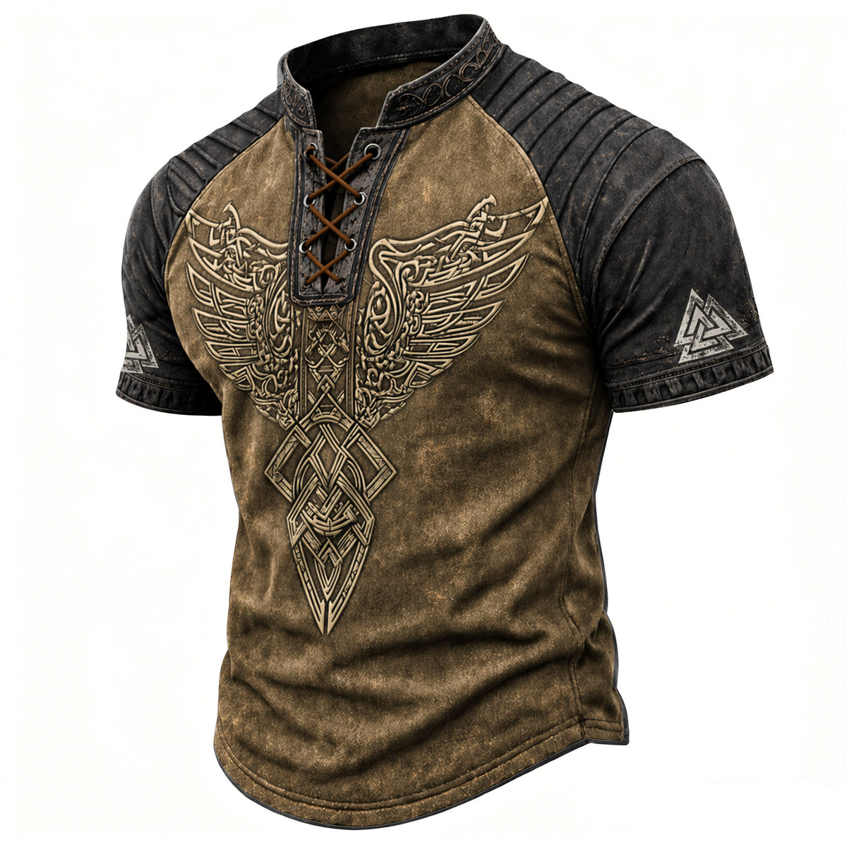 Men's Viking Norse Graphic Henley T-Shirt - Two-Tone Lace-Up Short Sleeve Top