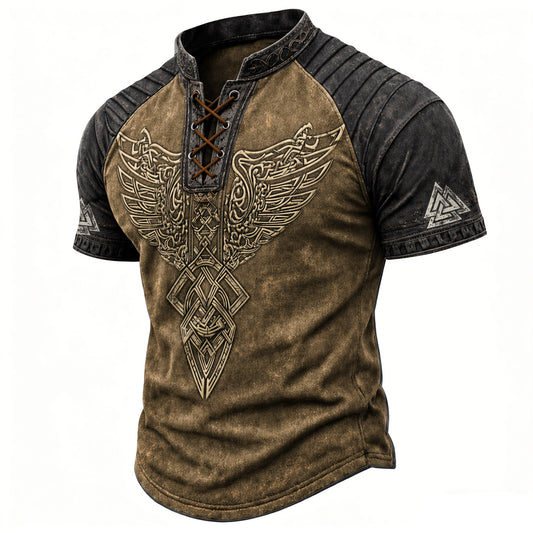 Men's Viking Norse Graphic Henley T-Shirt - Two-Tone Lace-Up Short Sleeve Top