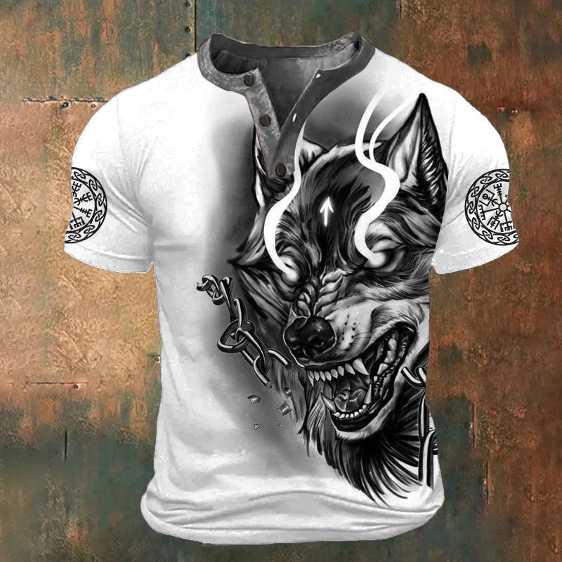 Wolf Fashion Retro Classic Men's 3D Printed T-Shirt Henley