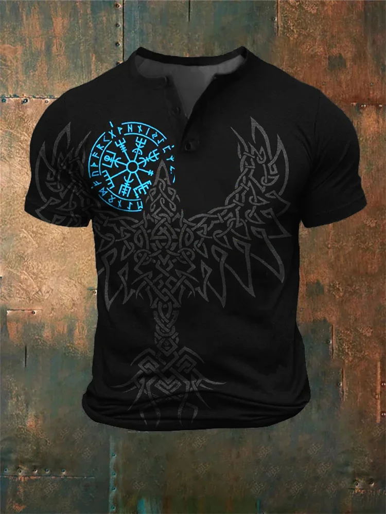 Men's Viking Print Casual Henley Neck Short Sleeve T-Shirt