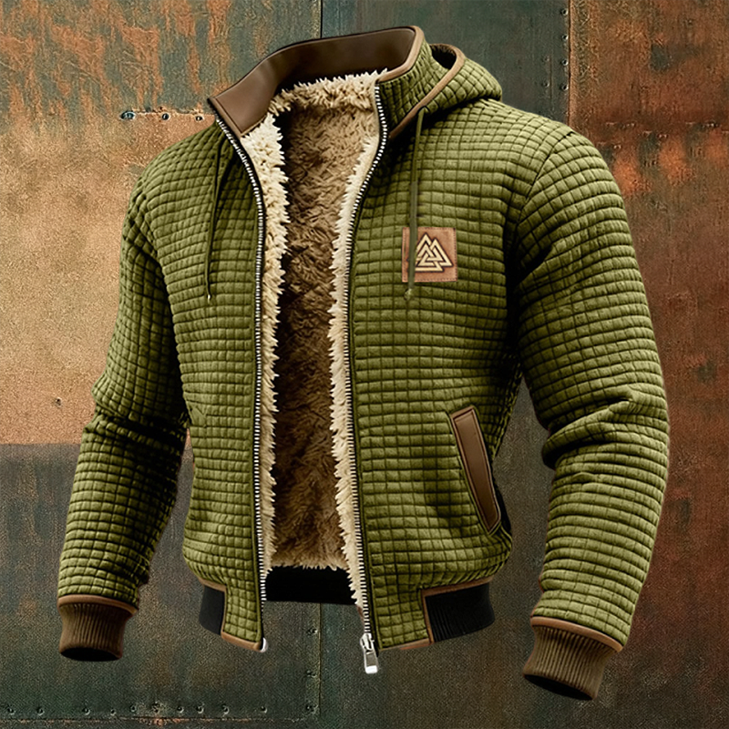Men's Viking Totem Thermal Grid Jacket Fleece Shearling & Structured Waffle Zip-Up Hoodie