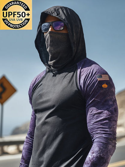Men's Retro Pumpkin Flag Print Outdoor Sun Protection Breathable Cooling Mask Hooded Sun Protection Long Sleeve Top