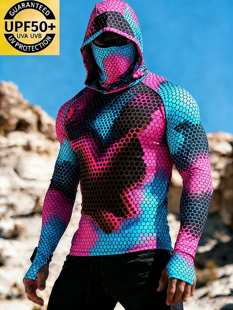 Men's Geometric Honeycomb Color-blocking Sun Protection Print Top