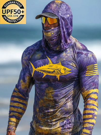 Men's Outdoor Sun Protection Breathable Cool Face Mask Hooded Printed Long-Sleeved Top