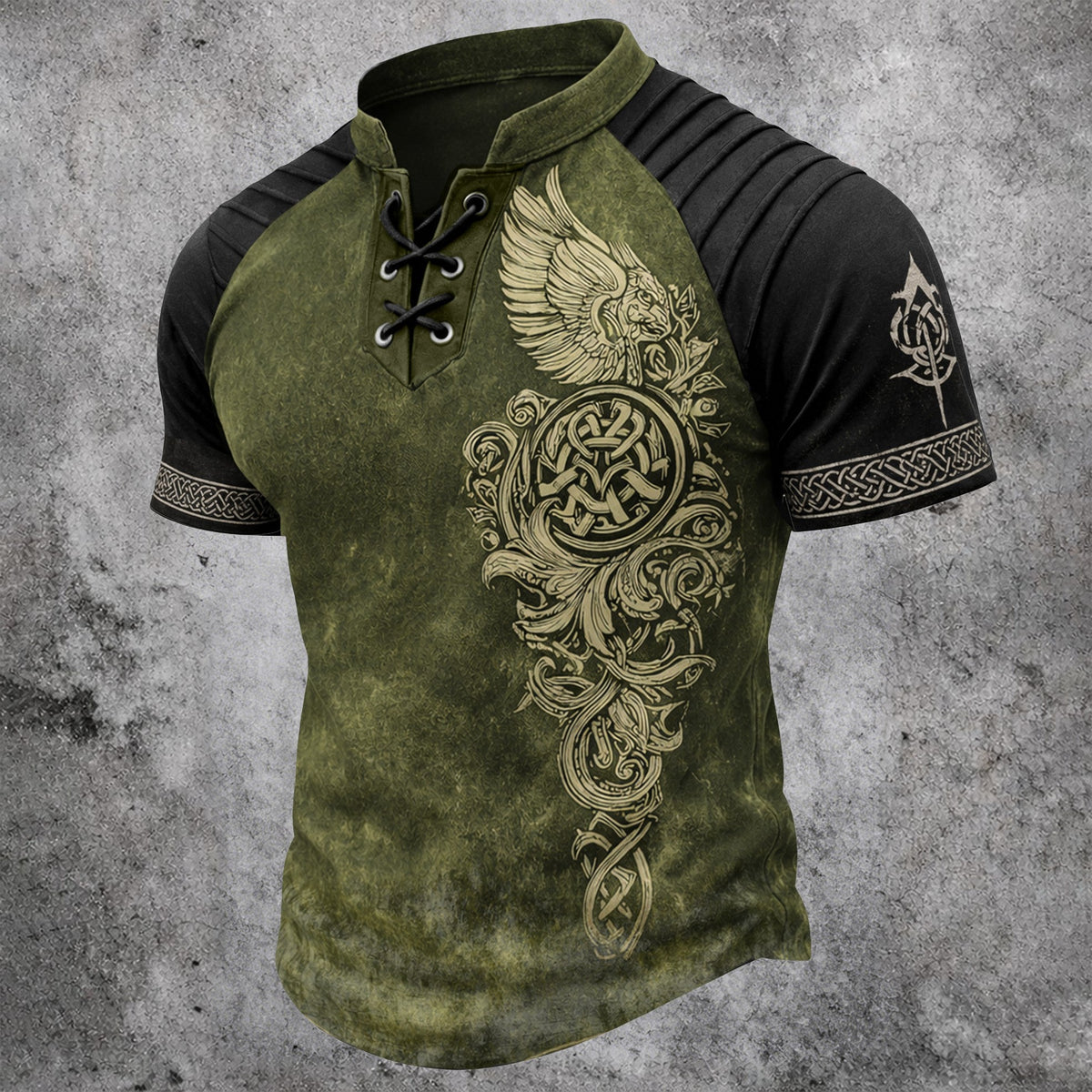 Men's Viking Graphic Laced Henley Short Sleeve Shirt - Olive Black Pleated Raglan Top