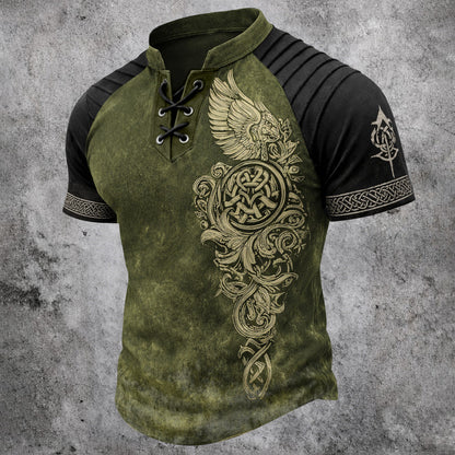 Men's Viking Graphic Laced Henley Short Sleeve Shirt - Olive Black Pleated Raglan Top