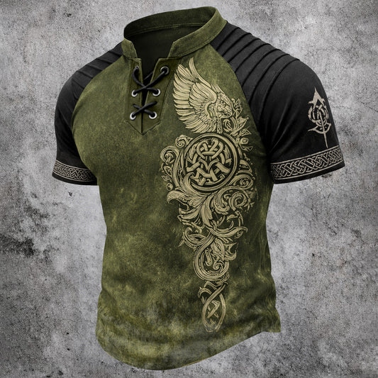Men's Viking Graphic Laced Henley Short Sleeve Shirt - Olive Black Pleated Raglan Top