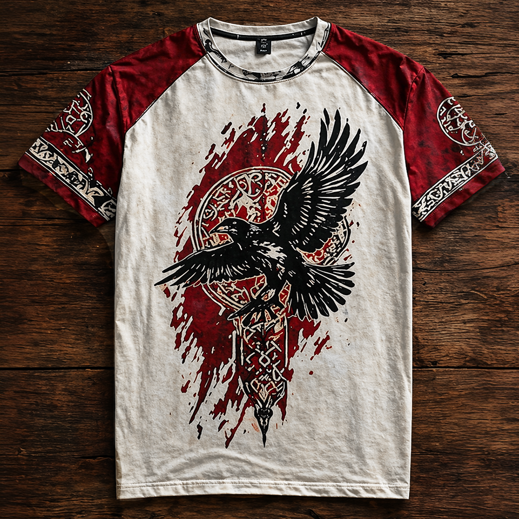 Men's Viking Raven Graphic T-Shirt - Raglan Short Sleeve Norse Knot Print Crewneck Tee