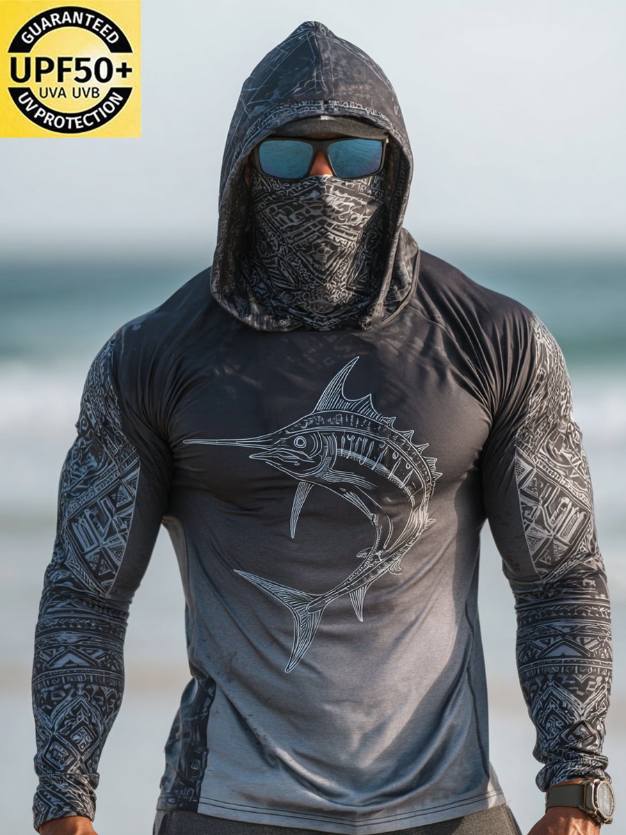 Men's Outdoor Sun Protection Breathable Cool Face Mask Hooded Printed Long-Sleeved Top