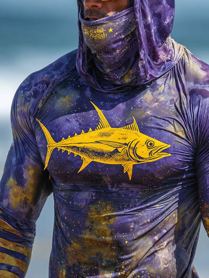 Men's Outdoor Sun Protection Breathable Cool Face Mask Hooded Printed Long-Sleeved Top