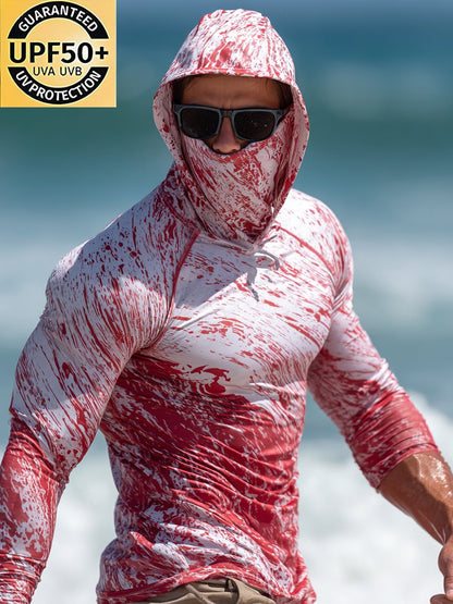 Men's Outdoor Sunscreen Breathable Cool Hooded Printed Surf Long-Sleeve Top