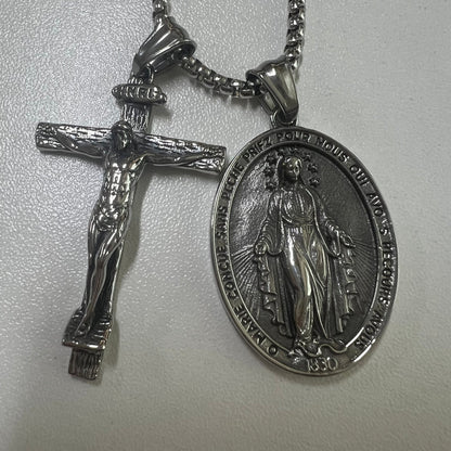 Jesus Cross and Virgin Mary Combination Necklace Pendant