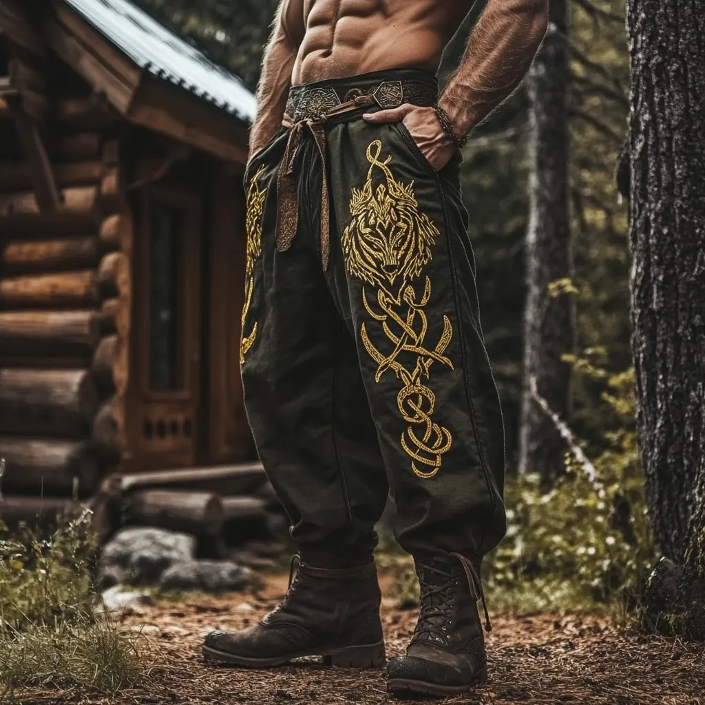 Men's Viking Golden Wolf Rune Retro Nordic Casual Linen Pants