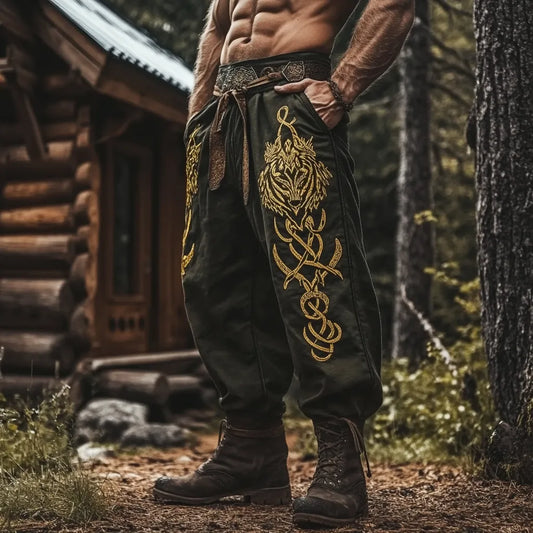 Men's Viking Golden Wolf Rune Retro Nordic Casual Linen Pants