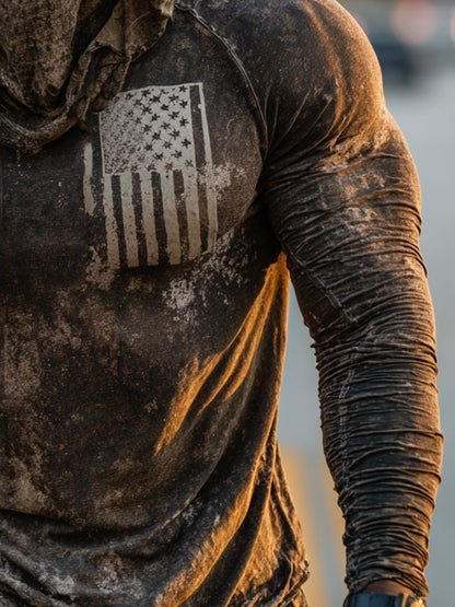 Men's Retro Flag Print Outdoor Sun Protection Breathable Cooling Mask Hooded Sun Protection Long Sleeve Top