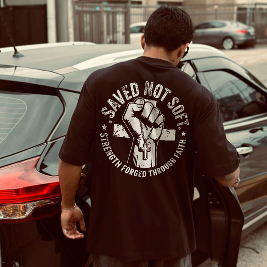 Saved Not Soft Strength Forged Through Faith Printed Men's T-shirt
