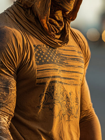 Men's Retro Flag Outdoor Sun Protection Breathable Cooling Mask Hooded Sun Protection Long Sleeve Top