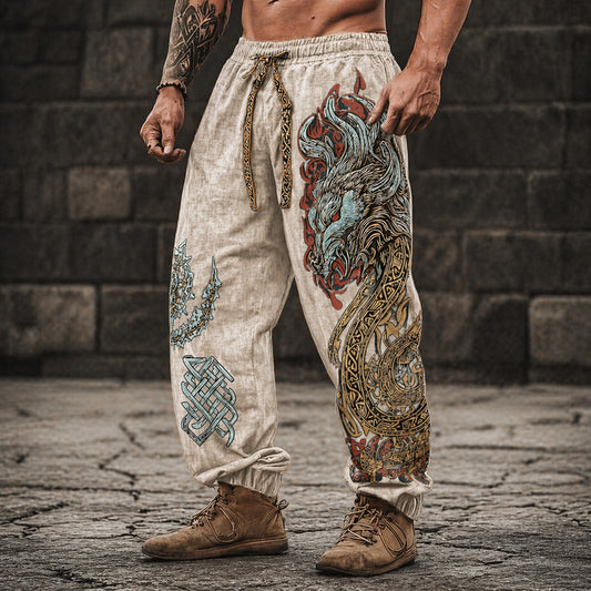 Men's Dragon Print Drawstring Harem Pants - Bohemian Loose Fit Casual Trousers