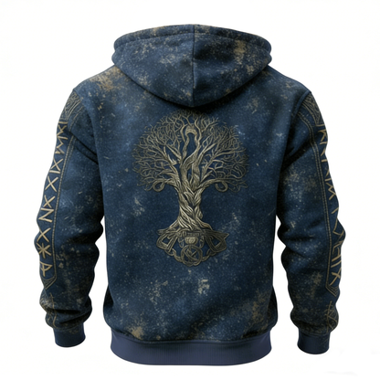 Nordic Viking Style Retro Tree Of Life Casual Long-Sleeve Warm Fleece Hoodie