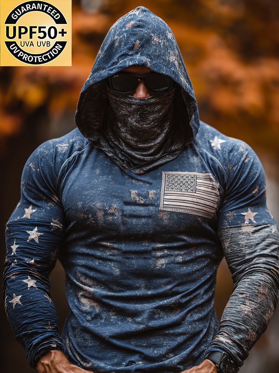 Men's Retro Outdoor Sun Protection Breathable Cooling Mask Hooded Sun Protection Long Sleeve Top