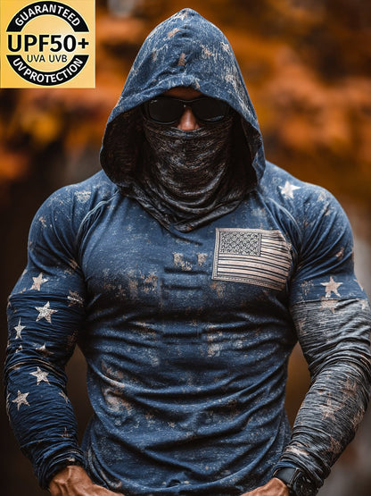 Men's Retro Outdoor Sun Protection Breathable Cooling Mask Hooded Sun Protection Long Sleeve Top