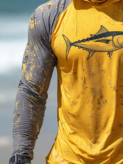 Men's Outdoor Sun Protection Breathable Cool Face Mask Hooded Printed Long-Sleeved Top