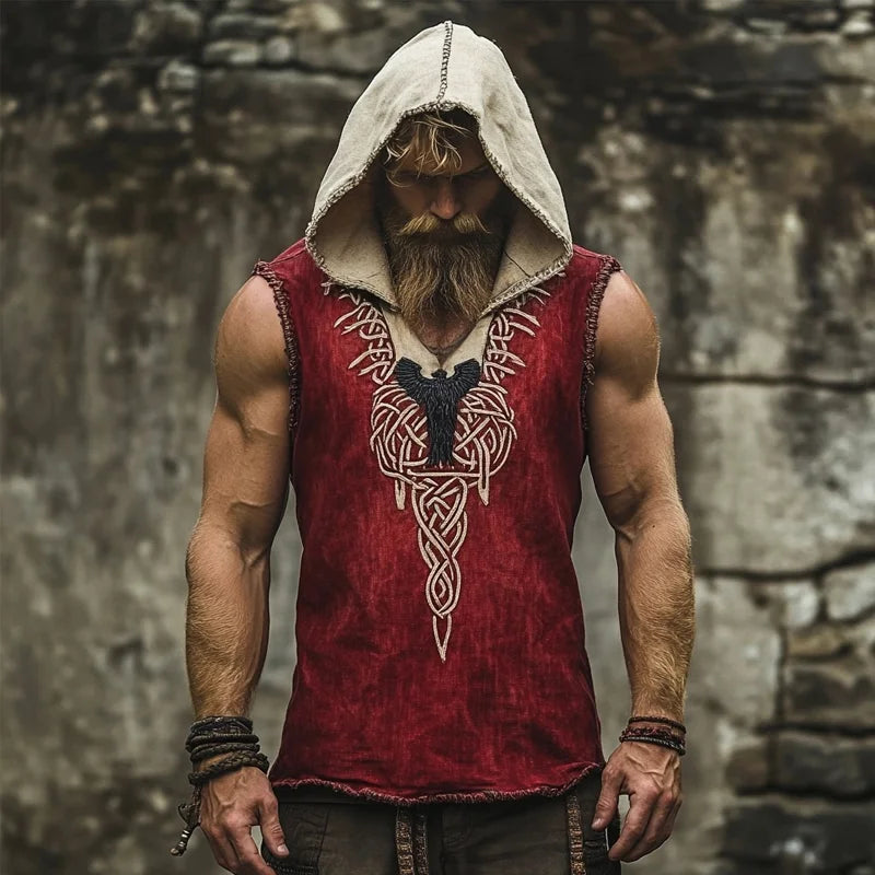 Men's Viking Knot Tribal Print Raven Art Pattern Linen Sleeveless Hoodie