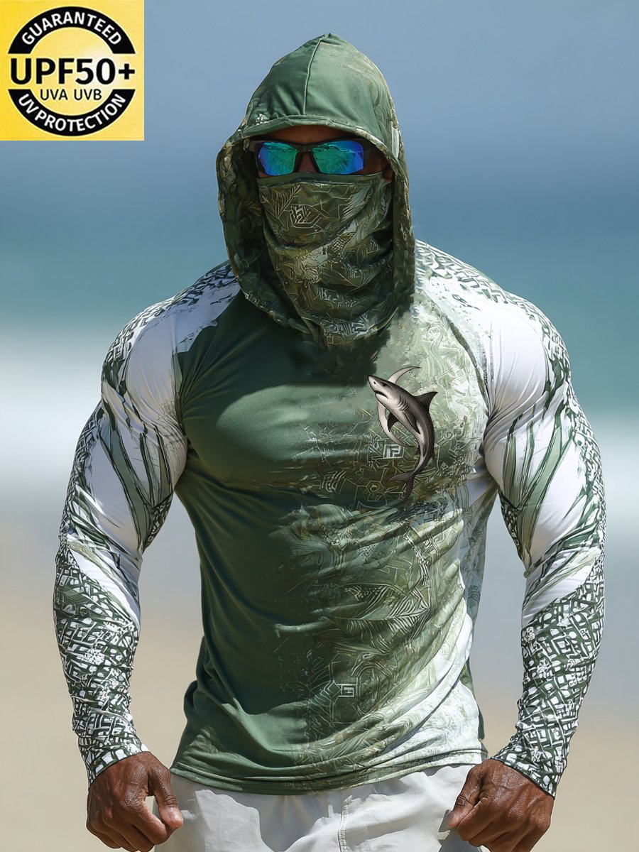 Men's Outdoor Sun Protection Breathable Cool Face Mask Hooded Printed Long-Sleeved Top