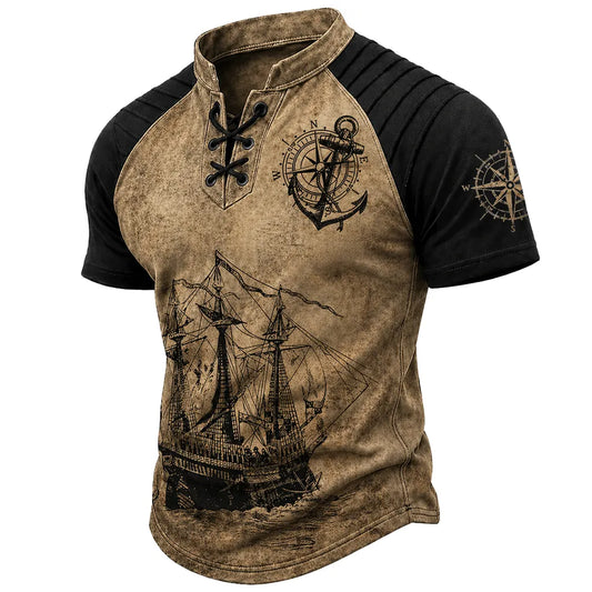 Men's Lace-Up Henley T-Shirt - Nautical Pirate Print Vintage Distressed Short Sleeve