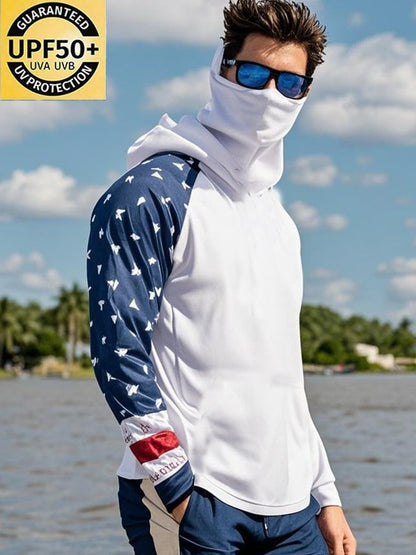 Men's Outdoor Sun Protection Breathable Cool Mask American Flag Print Hooded Sun Protection Long Sleeve Top