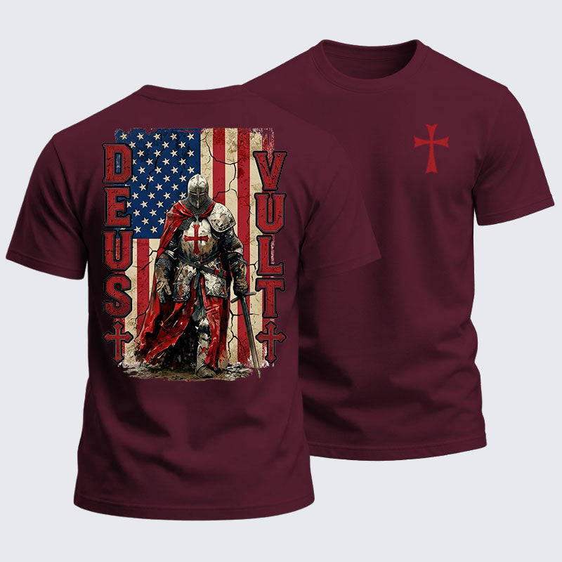 Heavyweight Cotton Tee - Deus Vult Knight Templar American Flag Crusader