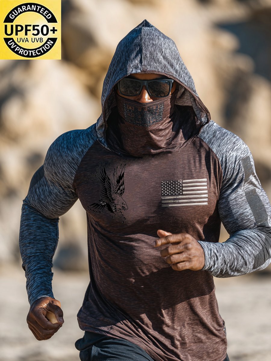 Men's Outdoor Sun Protection Breathable Cool Face Mask Hooded Printed Long-Sleeved Top